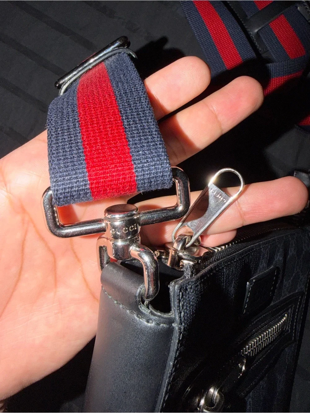 Gucci Black Leather with red and blue  Handbag with Interior Serial Tag